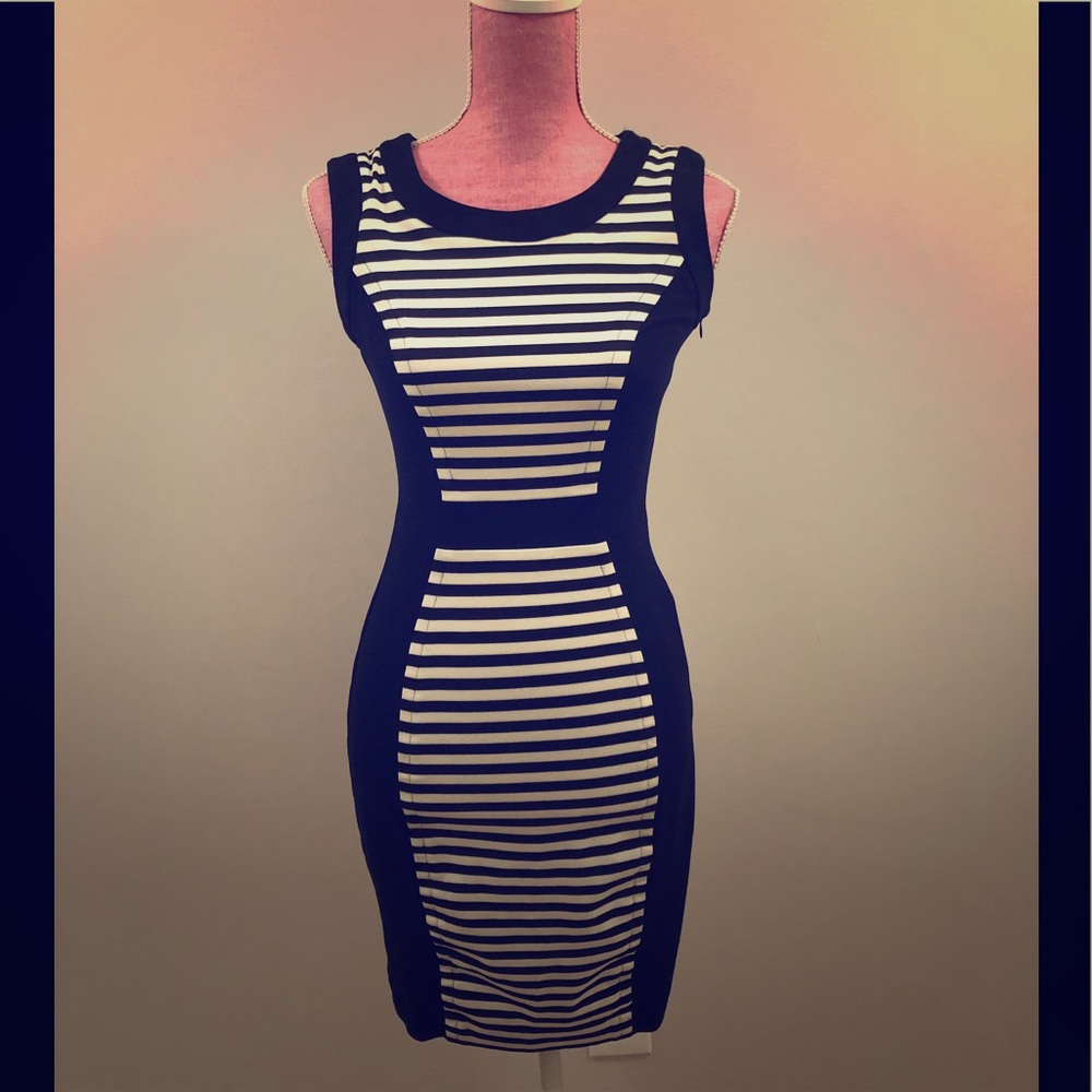 Cache Black and White Striped Midi Sheath Dress
